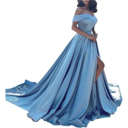 Elegant Women Dress Evening Party Solid Color Off Shoulder High Slit Floor Length Large Hem Plus Size Dresses Wedding Banquet