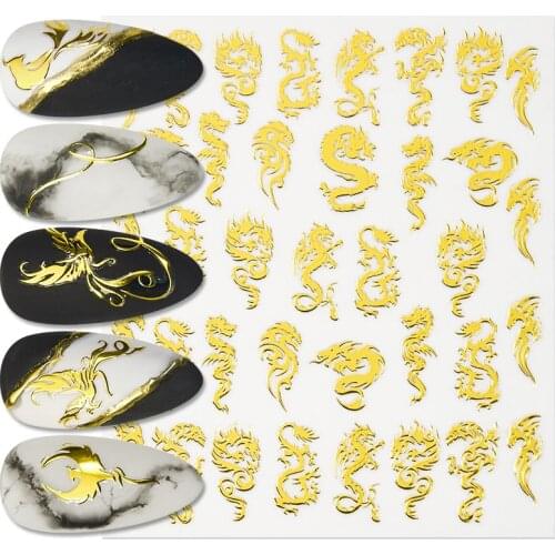 1Pc Gold Phoenixs Dragon 3D Nail Stickers Chinese Style Nail Transfer Decals Slider Noble Symbol Nail Art Decoration