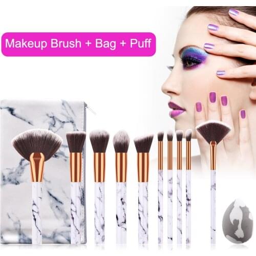 10 Pcs Makeup Brush Kit with Makeup Blender Sponges Storage Bag Marble Pattern pędzle do makijażu