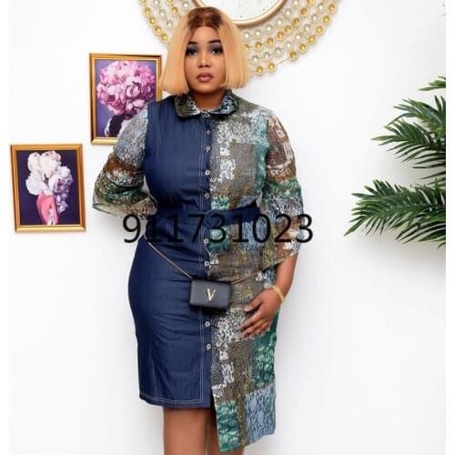 2021 Summer Fashion Style African Women Short Sleeve Jeans Lace Plus Size Dress African Dresses for Women African Clothing