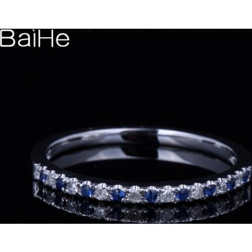 BAIHE Solid 14K White Gold 0.2ct Round Natural Diamonds & Sapphires Engagement Women Gift Diamond Sapphire Ring