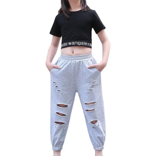 Oyolan Kids Girls Sport Suit Teenage Summer Girls Clothes Set Short Sleeve Letter Print Top+Hole Long Pants Casual Kid Tracksuit