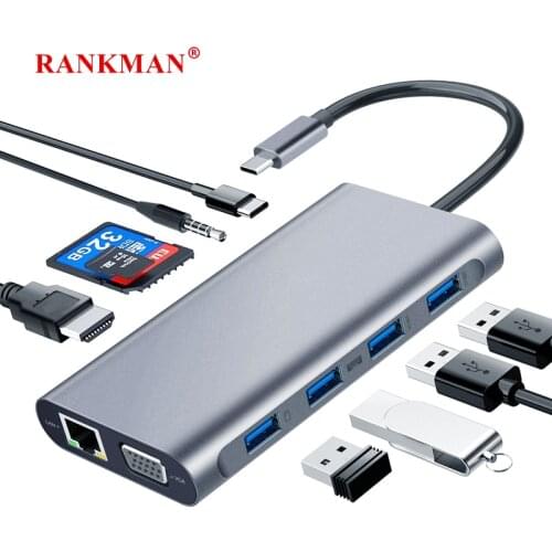 Rankman Type-C Thunderbolt 3 to Gigabit RJ45 HDMI-compatible VGA SD TF Card USB C 3.0 for MacBook Samsung S21 Dex Xiaomi 10 TV
