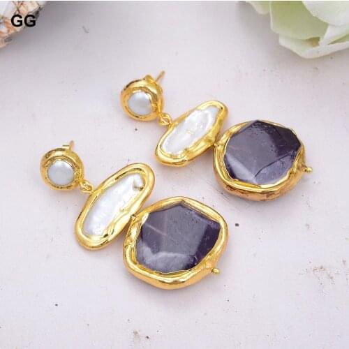 GuaiGuai Jewelry Freshwater White Biwa Keshi Pearl Amethysts Gold Color Plated Earrings For Women