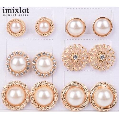 Imixlot 6 Pair/Lot Fashion Vintage Charm Jewelry Gold-Color Round Half Simulated Pearls Flower Stud Earring For Women