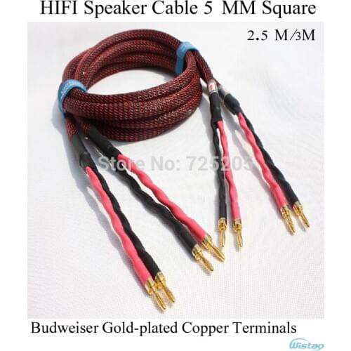 HIFI Speaker Cable 5 MM Square Budweiser Gold-plated Copper Banana Terminals Choseal 4N OFC Cable 2.5m 3m Black Brawn DIY