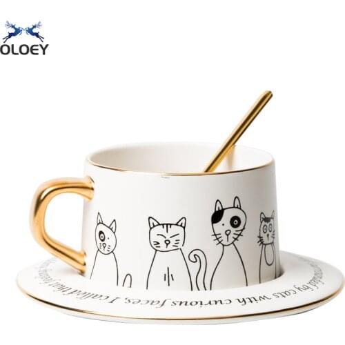 Ceramic Nordic Style Simple Black And White Cat Couple Coffee Cup And Saucer Set Flower Tea Black Tea Cup Ins Wind Creative