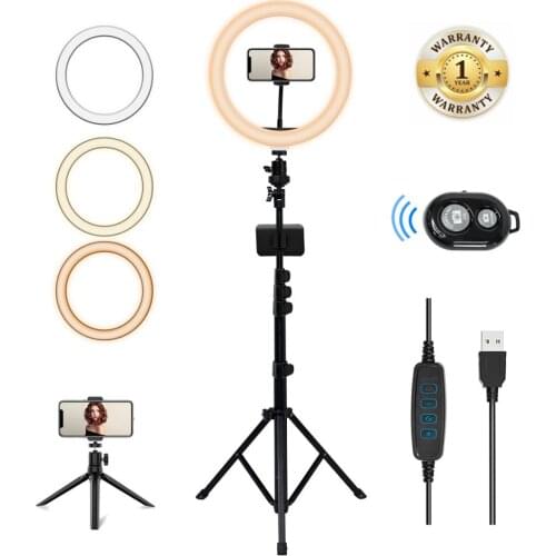Tenlamp Selfie Ring Light, 10” Ring Light with Tripod Stand & 2 Phone Holder, Height 18”-51” led ring light for Live Stream, Mak