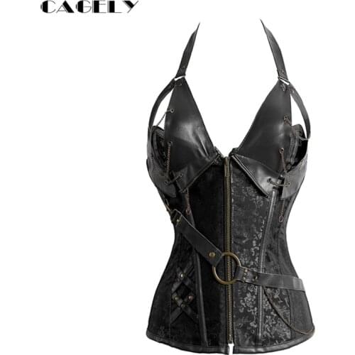 Faux Leather Brocade Corset Steel Boned Steampunk Corselet Gothic Clothing Black Coffee Halter Sexy Lingerie Party Outfits S-6XL
