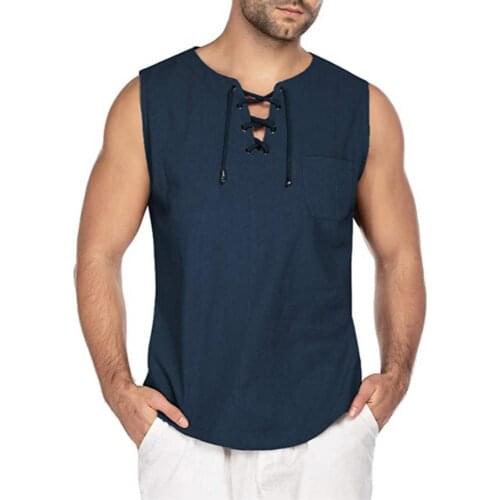 Male Tanks Top Fashion Casual Solid Color Sleeveless Summer Men Sweatshirt V Neck Bandage Loose Fit Vest Top Undershirt