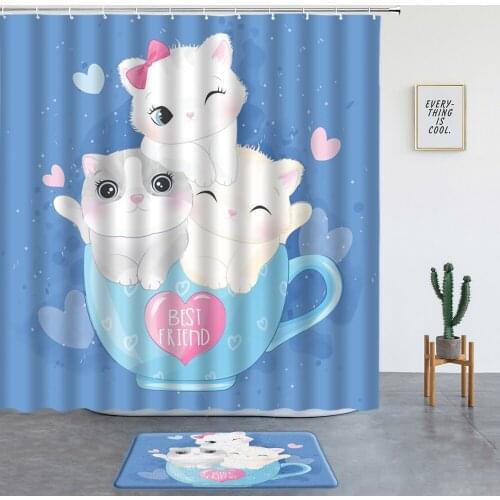 Cute Cartoon Animal Cat Print Shower Curtains Set Non-slip Rug Bath Mats Bathroom Screen Entrance Door Mat Child Room Decoration
