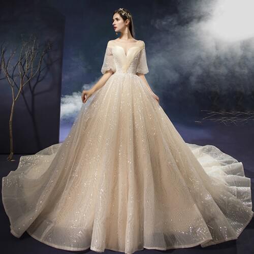 2021 New Arrivals Short Sleeve Lace Up Back Appliques Beaded Sequined Super Shiny Champagne A-Line Bridal Wedding Dress