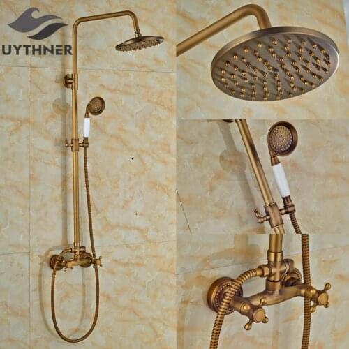 Newly Antique Brass Bathroom Shower Faucet Set 8" Rain Shower Mixer Tap Tub Faucet w/ Hand Shower Dual Handles