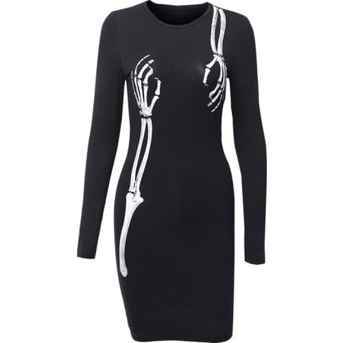 Punk Grunge Gothic Dresses Skull Print Skinny Harajuku Autumn 2021 Female Mini Dress Vintage Aesthetic Longsleeve Sexy Dress