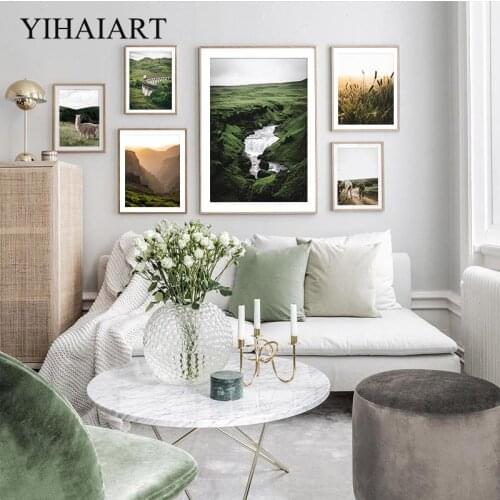 Nature Mountain Landscape Canvas Print Painting Nordic Morning Sunrise Wall Art Poster Cow Alpaca Picture Living Room Decoration