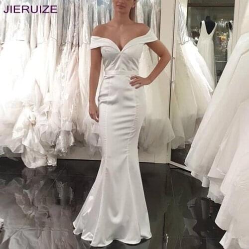 JIERUIZE Simple V Neck Wedding Dresses Off Shoulder Zipper Back Mermaid Wedding Gowns Satin Bridal Dresses vestido de noiva