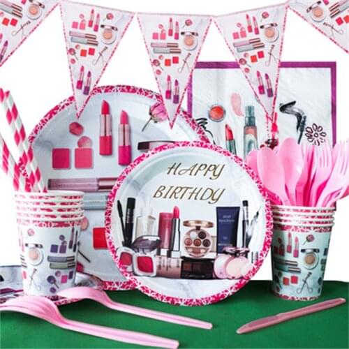 SPA Makeup Birthday Party Supplies Partybloom Spa Makeup Disposable Tableware with Plates Cups Napkins for Girls Spa Party Decor
