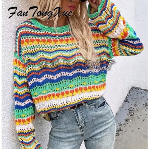 Autumn Sweaters for Women 2021 Striped Print Hallow Out Fashion Pullover Loose Long Sleeve O-neck Knitted Striped Sweater Women