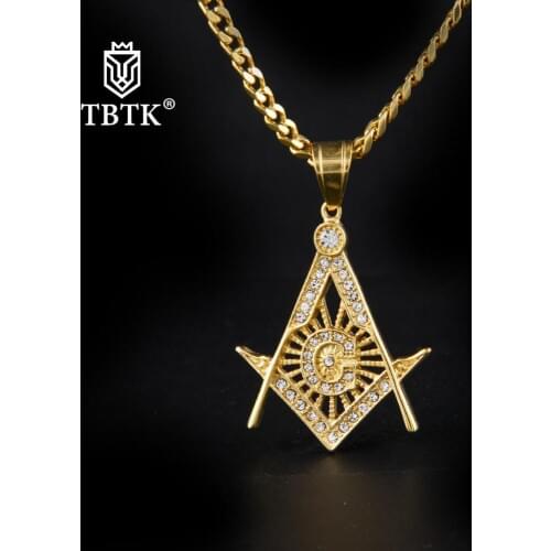 TBTK Wholesale Three Sizes Masonic Charm Mason Iced Out Pendant Stainless Steel Crystal Gold Cuban Hip Hop Chain Necklace Unisex