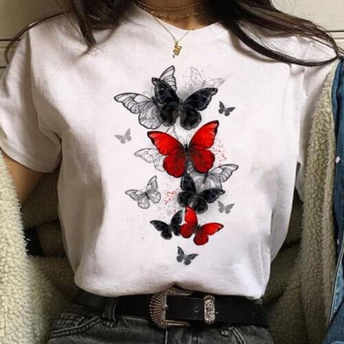 Harajuku Women T Shirt Butterfly Print Tshirt Heart T-shirt Female Short Sleeve Tops Tee Laides Fashion T-shirts