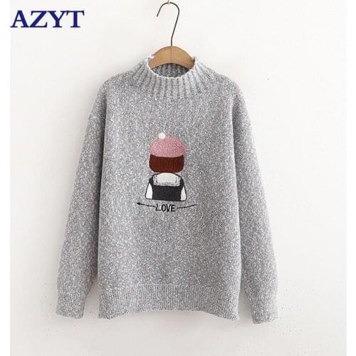 AZYT Autumn Winter Women Sweater Pullovers Cartoon Embroidery Mock Neck Knit Jumpers Female 2021 Winter Warm Base Sweater