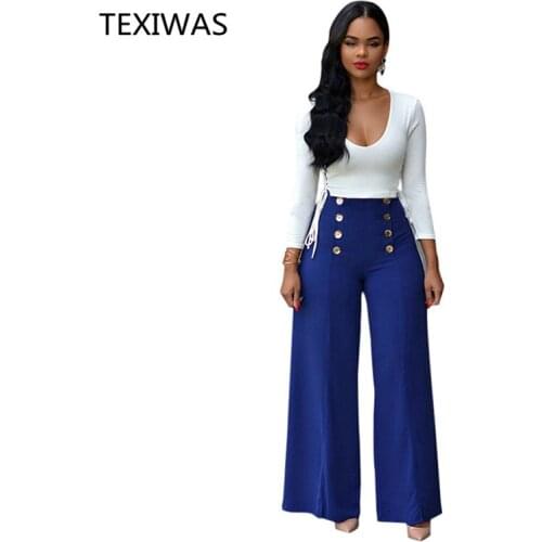TEXIWAS Spring suit Women New Fashion Two Piece Set button Casual Wide leg Pants+long Sleevele white pullover shirt Tops set