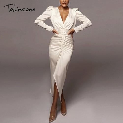Tobinoone Satin Solid White Midi Dresses Women Hollow Out V Neck Sexy Club Party Dress Long Sleeves Ruched Spring Vestidos 2021