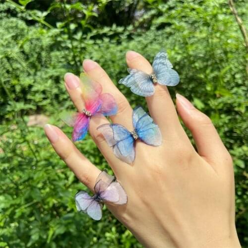 Trendy Net yarn Colorful Butterfly Rings For Women Double Gauze Friendship Sisters Alloy Ring 2021 Jewelry