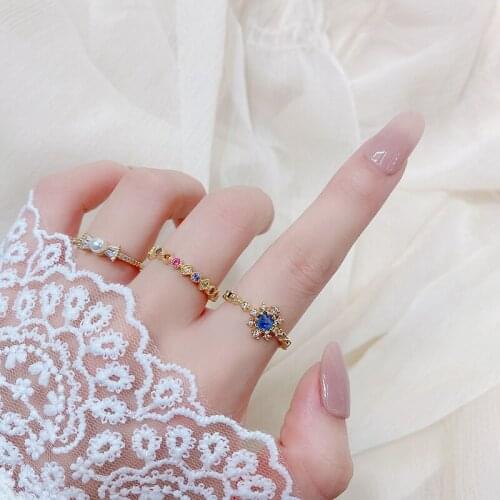 14k Real Gold French Micro Inlaid Colorful Zircon Bowknot Pearl Open Ring Sapphire Womens Super Beautiful Jewelry