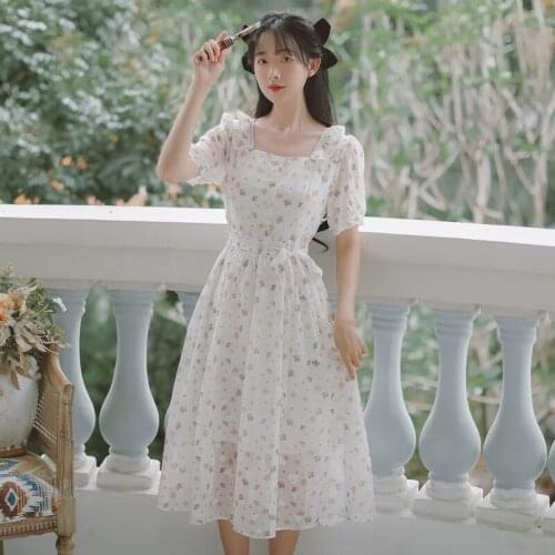 Floral Dress Women 2021 Summer New French Romantic Girl Ruffled Square Neck Elegant Gentle Small Fresh Dress Midi Dress
