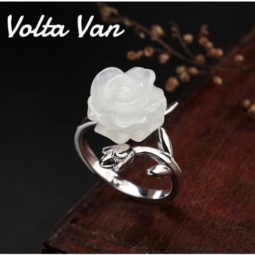 Volta Van 2021 New 925 Sterling Silver Rings White Jade Elegant Vintage Jewelry Rose Flower Women Concise Luxury Opening Rings