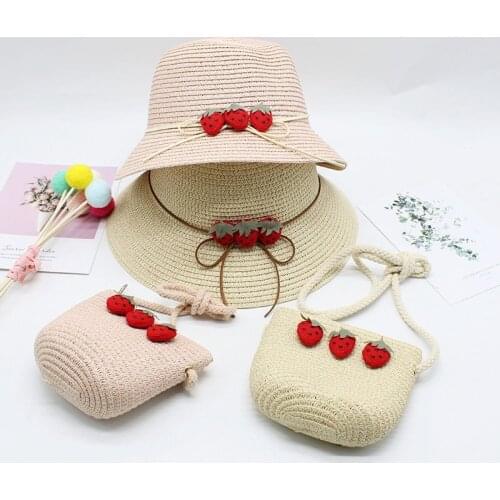 Seioum 2pcs set Kids baby outdoor cartoon hat and bags Summer child girl holiday casual beach straw hat Sun cap Panama gorros