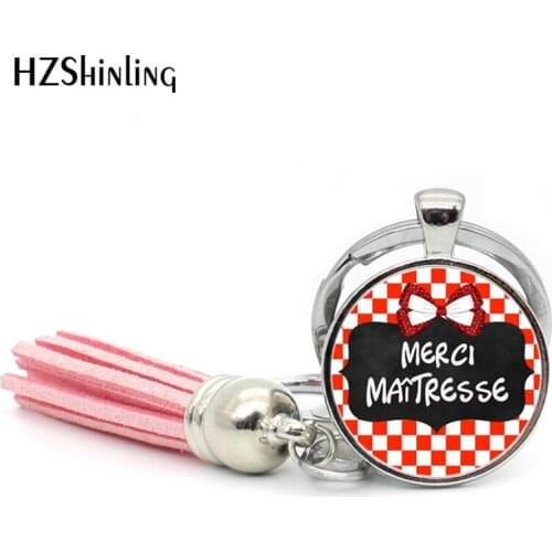 2017 Fashion Merci Maitresse Tassel Key Chain Bohemian Jewelry Quote Keyring Glass Cabochon Keychain Handmade Keychains