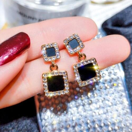 2019 Korea Atmosphere Black Square Drop Earrings for Women Shiny Crystal Personality Ear Jewelry Party Wedding Gift
