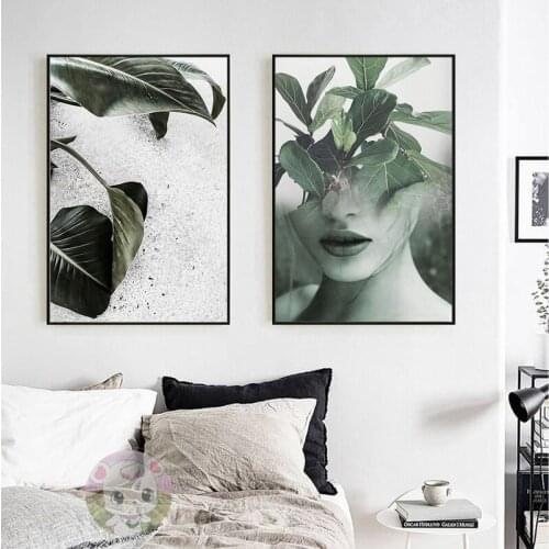 HD Prints Abstract Wall Art Leaf Women Plant Canvas Painting Nordic Poster Girl Sketch Wall Pictures For Living Room