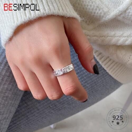 Besimpol Real 925 Sterling Silver Couple Ring Fashion Texture Gold Adjustable Open Rings for Women Party Luxury Fine Jewelry