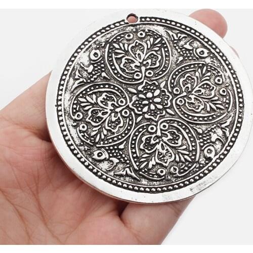 1PCS Large Boho Antique Carve Flower Round Charm Pendant for DIY Necklace Jewelry Findings Craft 68mm