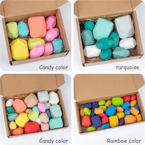 Wooden Colored Stone Creative Rainbow Building Blocks Nordic Style Blocks Wood Rainbow Stacker Kids Montessori Educational Toys