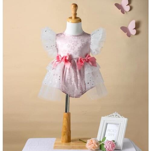 Baby Floral Print Short Romper with Ruffles, Sleeveless O-neck Mesh Jumpsuit with Bow-knot