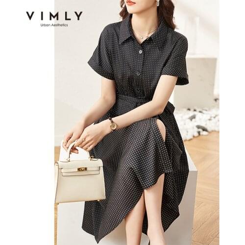 VIMLY Elegant Womens Dress Office Ladies Bandage Dot Dresses Vintage Shirt Dress New Short Sleeve Womens Maxi Dresses F7253