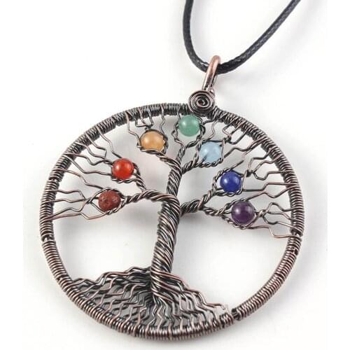 FYJS Unique Healing Chakra Jewelry Antique Copper Plated Wire Wrap Tree of Life Pendant with Colorful Stone Beads Necklace