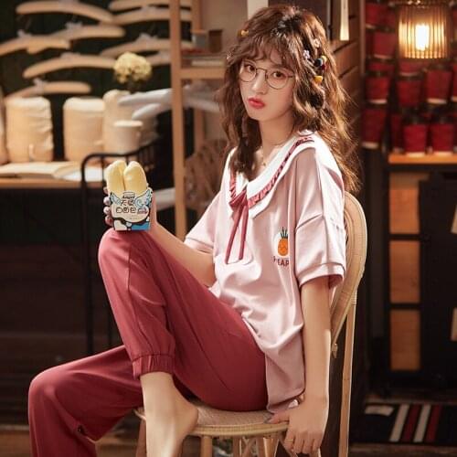 Summer Short-sleeved Cotton Thin Suit Loose Long Pants Fresh Lovely Leisurewear Pajamas Set