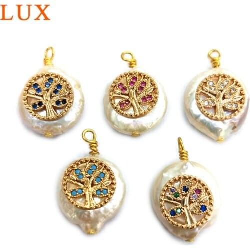 Natural round crotch tree branch micro cubic zirconia paved Pearls connector CZ Pave colorful sotne pendant for DIY Making