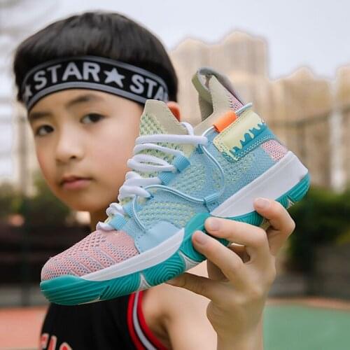 Fashion Boys Running Sneaker Outdoor Non-slip Basketball Shoe Mesh Fly-woven Breathable Wear-resistant Training Basketball Shoes