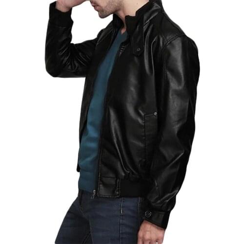 Zipper Closure Stand Collar Men Jacket Faux Leather Solid Color Slim Fit Motorcycle Jacket Outerwear