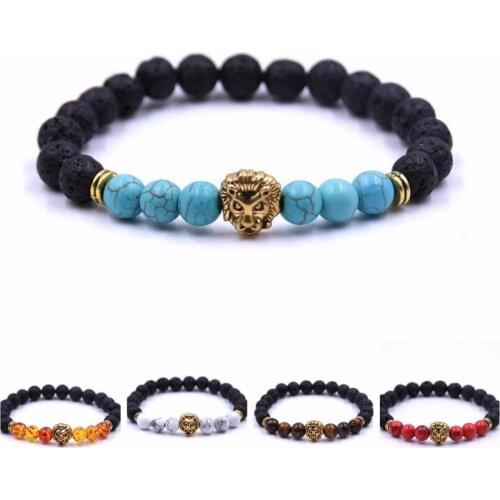 Natural Lava Tiger Eye Stone Bracelet Men New Bead 8mm Lion Head Gold Jewelry