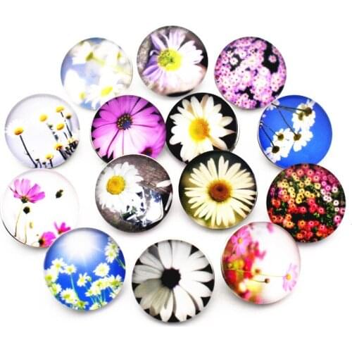 New Arrived 10pcs/lot Chrysanthemum Flower Print Glass Snap Buttons Charms Fit 18mm Replaceable Snap Bracelet Necklace Jewelry