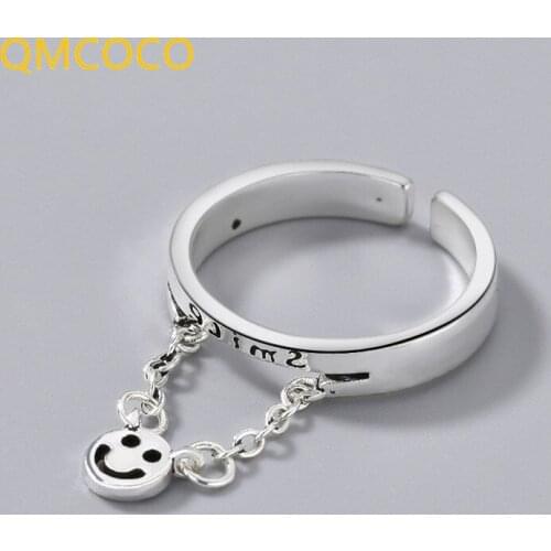 QMCOCO S925 Sterling Silver Round Ball Smiling Face Chain Thai Silver Ring Twining Open Ring For Women Jewelry Accessories