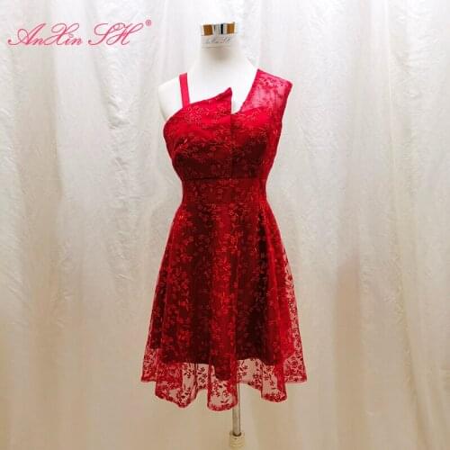 AnXin SH luxury princess champagne sleeveless vintage party red lace flower short zipper evening dress little black dress