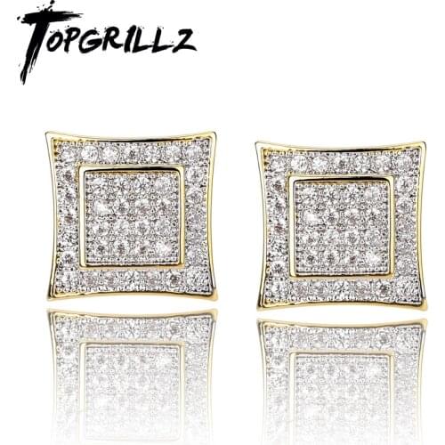 TOPGRILLZ Hip Hop Gold Silver Color Earrings Men Iced Cubic Zircon Micro Pave CZ Square Shape Stud Earrings For Women Jewelry
